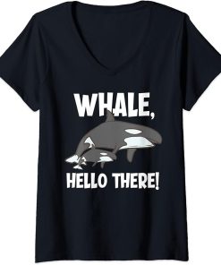 Womens Whale, Hello There Funny Orca V-Neck T-Shirt