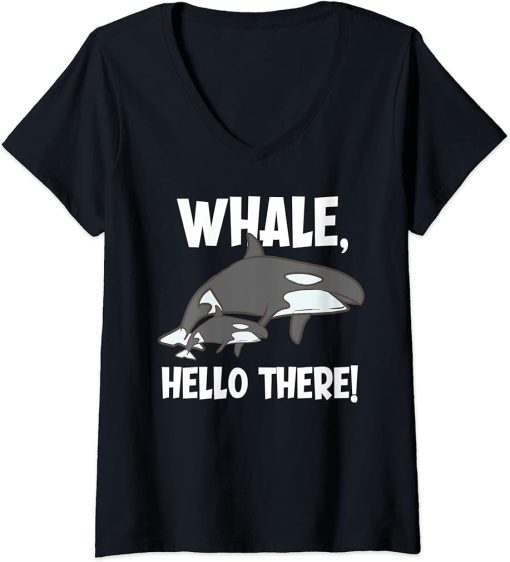 Womens Whale, Hello There Funny Orca V-Neck T-Shirt