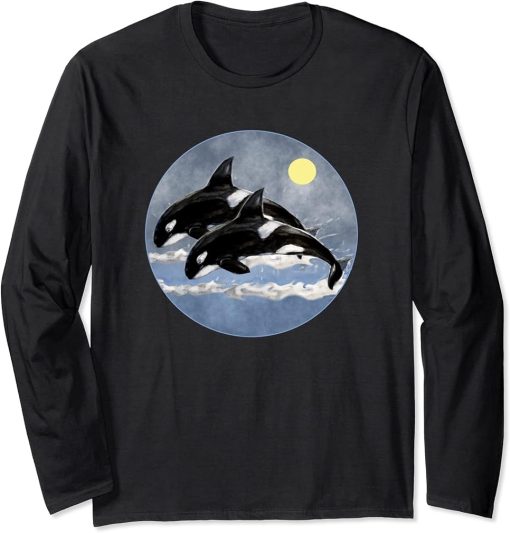 Orca Killer Whale Family Art Retro Style Sea Panda Orcas Long Sleeve T-Shirt