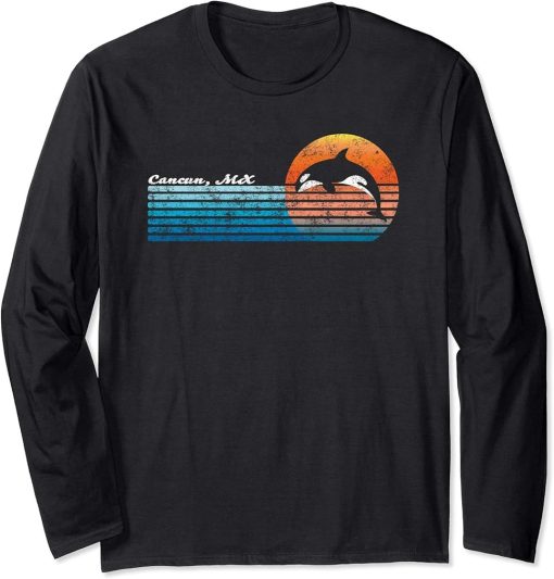 Vintage Cancun, Retro 80s Orca Sunset Long Sleeve T-Shirt