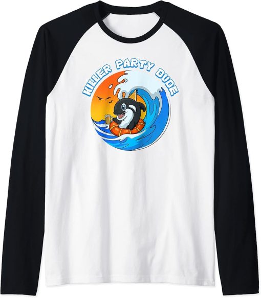 Killer Party Dude I Funny Orca Whale Beer Sea Ocean Raglan Baseball Tee